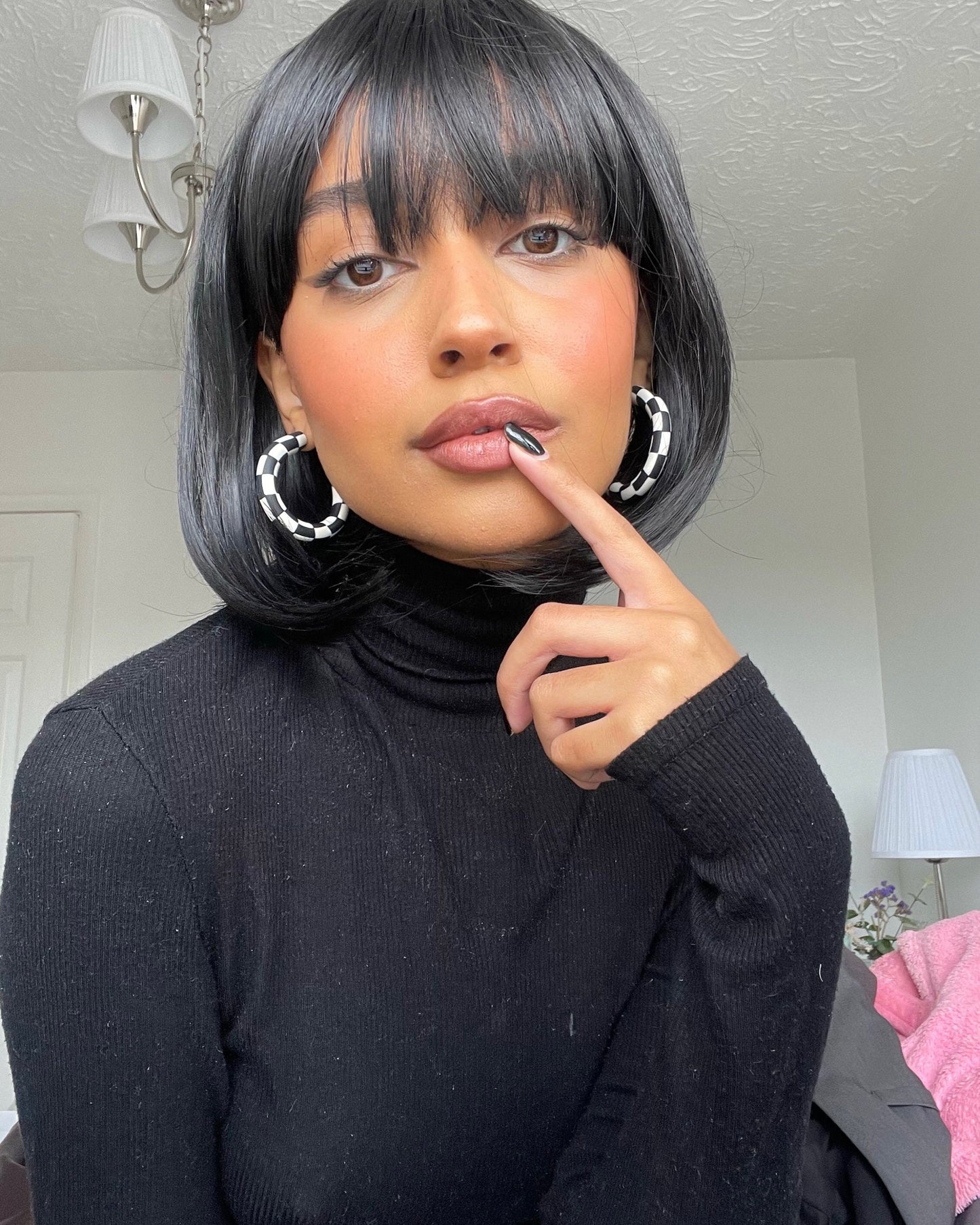 BLACK AND CREAM CHECKERBOARD HOOPS