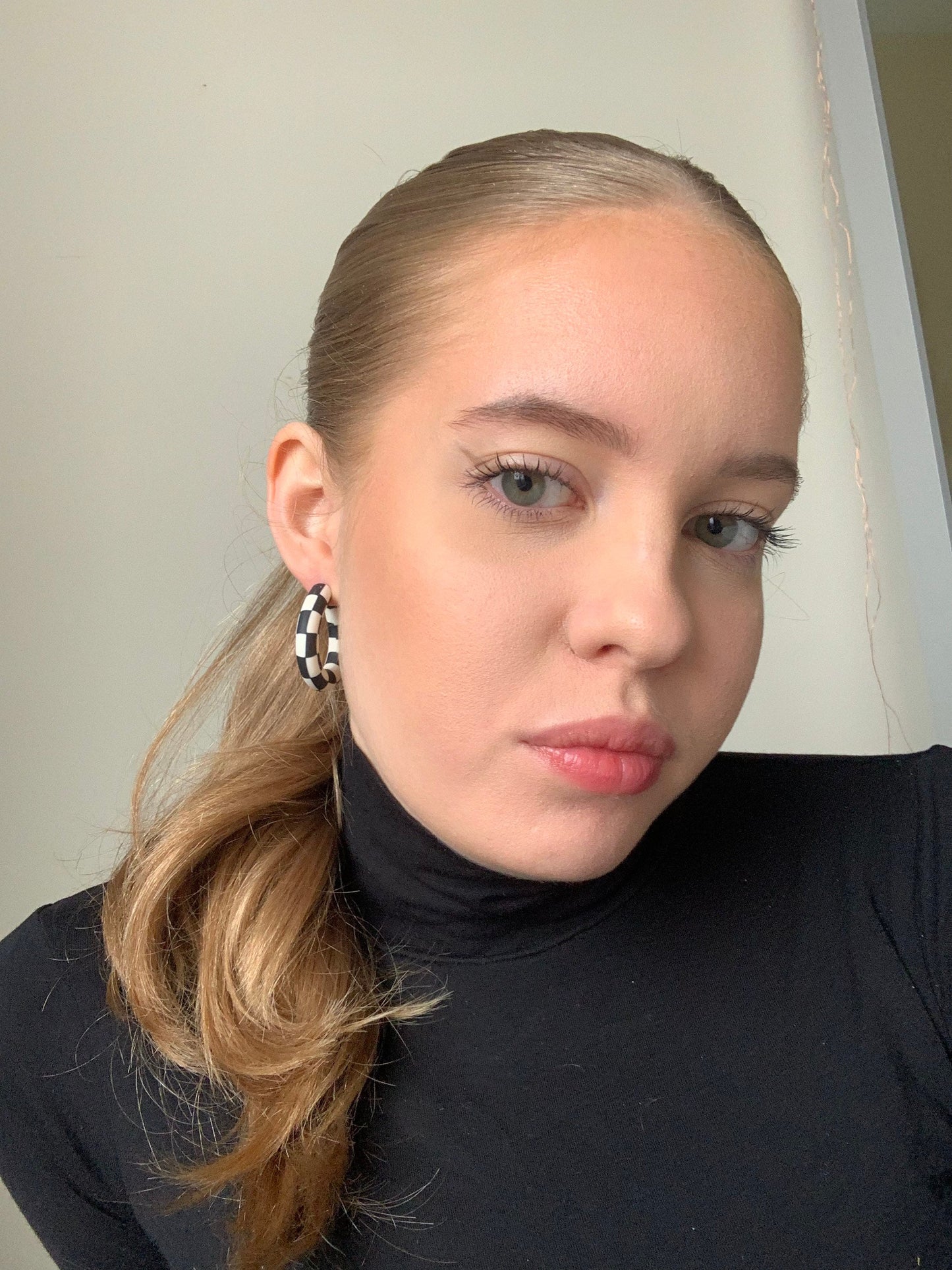 BLACK AND CREAM CHECKERBOARD HOOPS