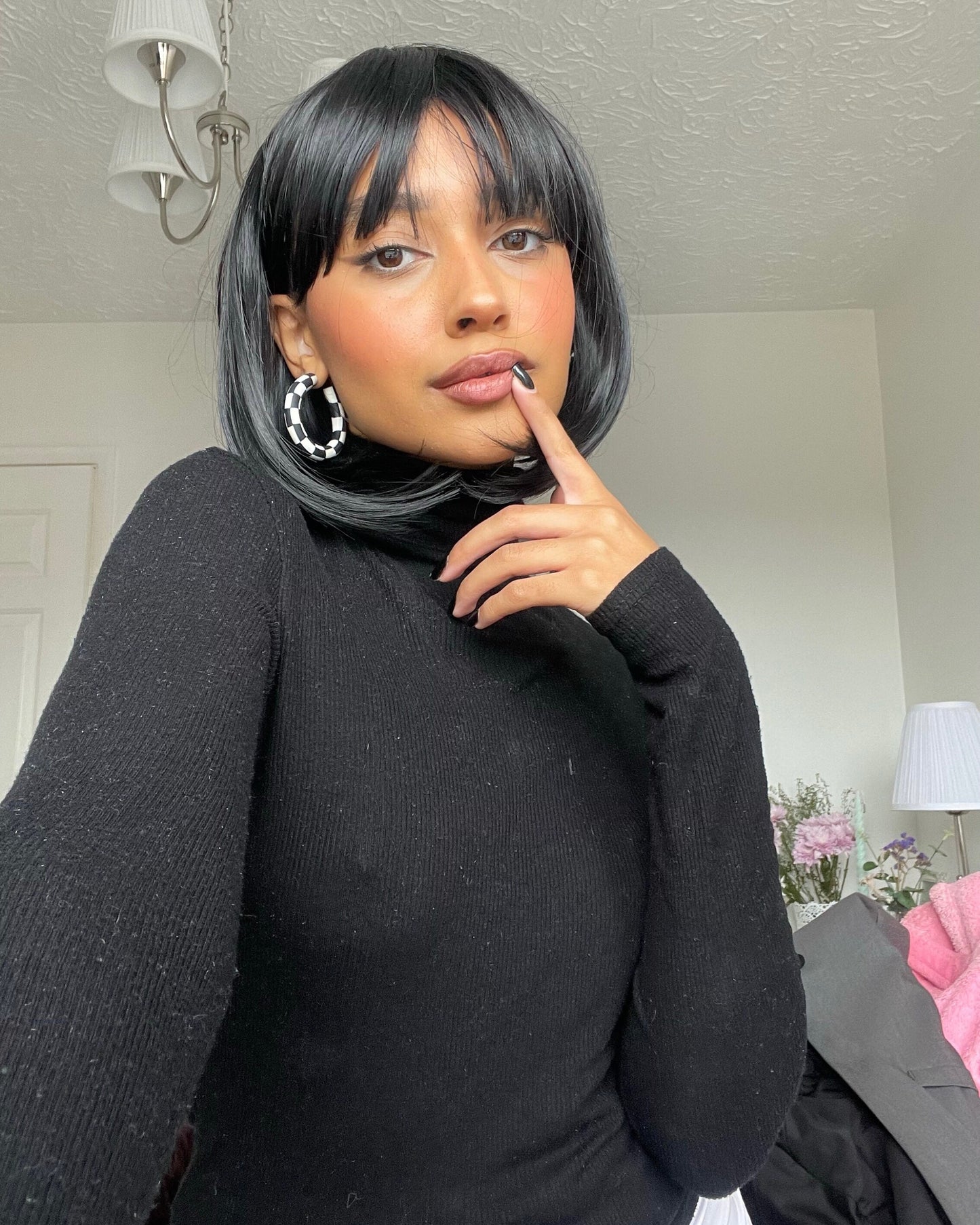 BLACK AND CREAM CHECKERBOARD HOOPS