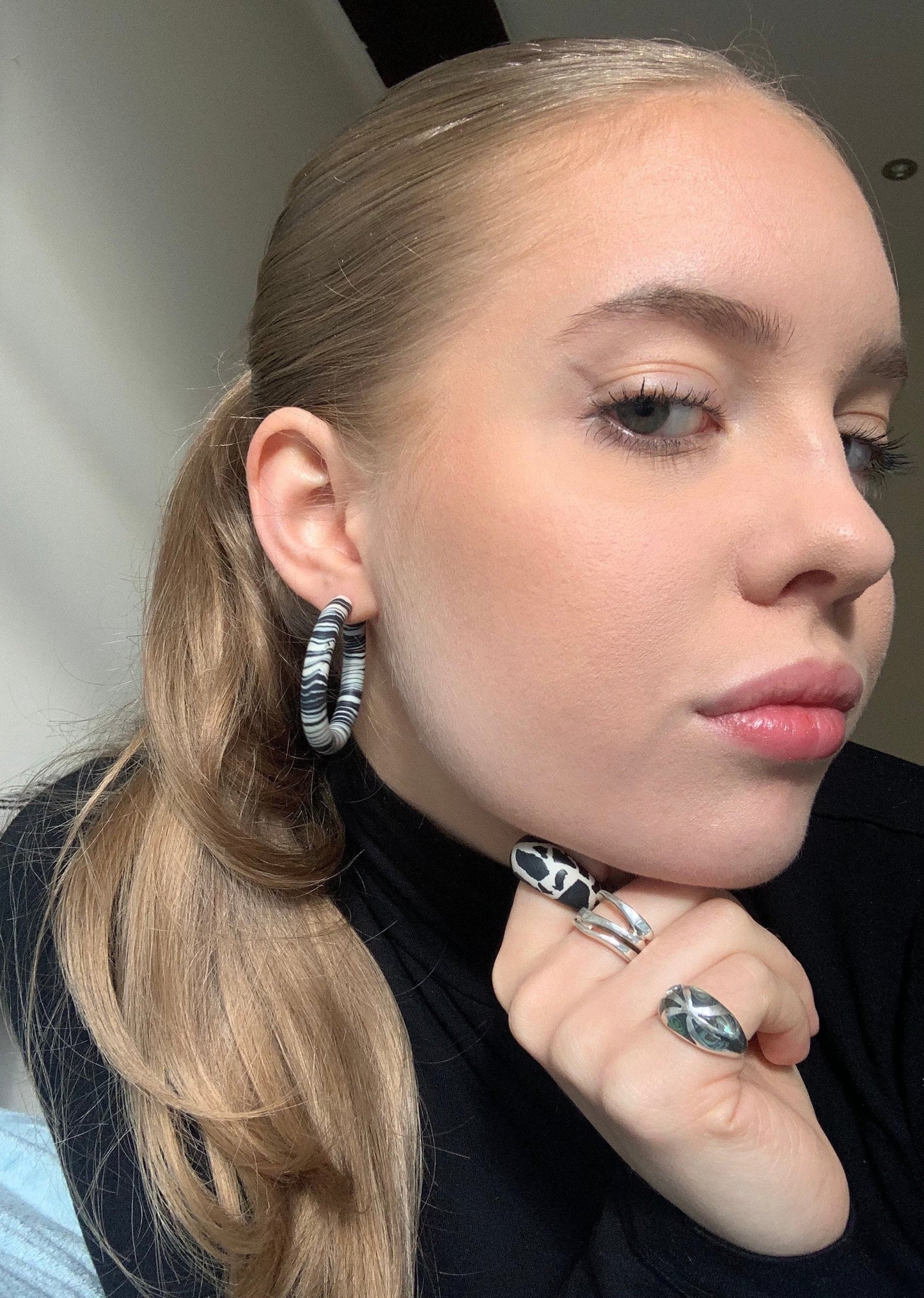 BLACK AND CREAM CHECKERBOARD HOOPS