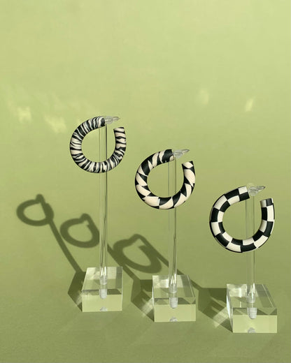 BLACK AND CREAM CHECKERBOARD HOOPS