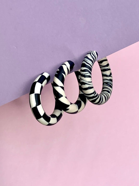 BLACK AND CREAM CHECKERBOARD HOOPS